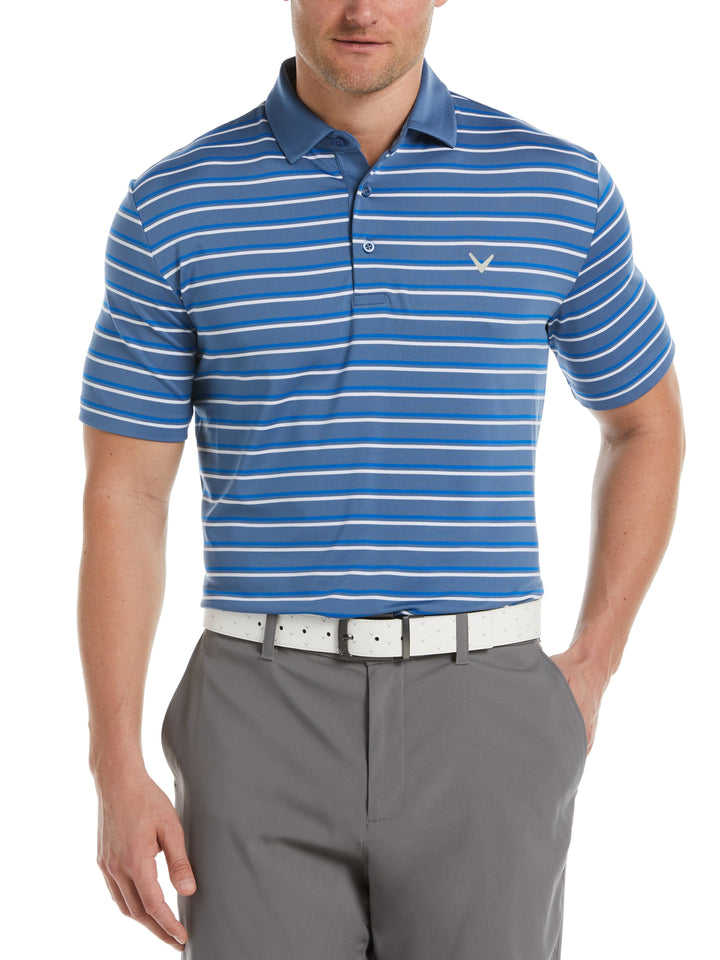 Blue and white striped golf shirt best sale