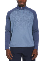 Quarter Zip Mixed Media Raglan Sleeve Pullover Golf Sweater (Peacoat Heather) 