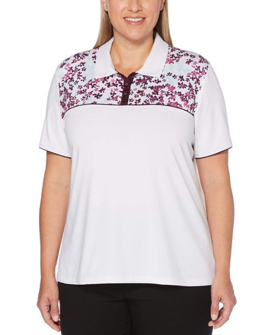 Womens Plus Swing Tech Confetti Floral Chest Print Polo Polos Brilliant White / 1X