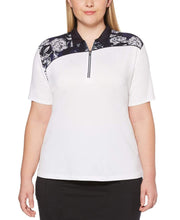 Womens Plus Ventilated Asymmetrical Floral Print Polo Polos Bright White / 1X