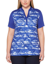 Womens Plus Ventilated Tropical Print Mock Polo Polos Dazzling Blue / 1X