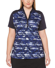 Womens Plus Ventilated Tropical Print Mock Polo Polos Peacoat / 3X