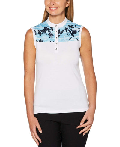 Womens Sleeveless Block Floral Print Polo Polos Brilliant White / L