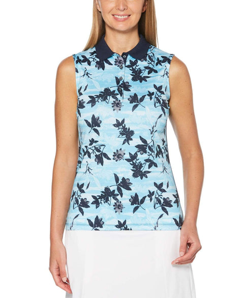 Womens Sleeveless Blue Floral Print Polo Polos Peacoat / XXL