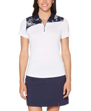 Womens Ventilated Asymmetrical Floral Print Polo Polos Bright White / S