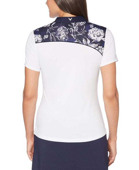 Womens Ventilated Asymmetrical Floral Print Polo Polos