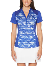 Womens Ventilated Tropical Print Mock Polo Polos Dazzling Blue / S