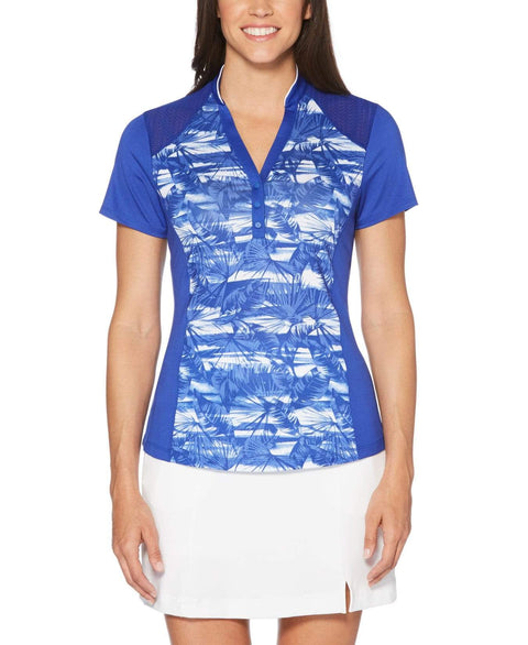 Womens Ventilated Tropical Print Mock Polo Polos Dazzling Blue / S