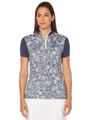 Womens Womens Ventilated Tonal Floral Mock Polo Polos Peacoat / M